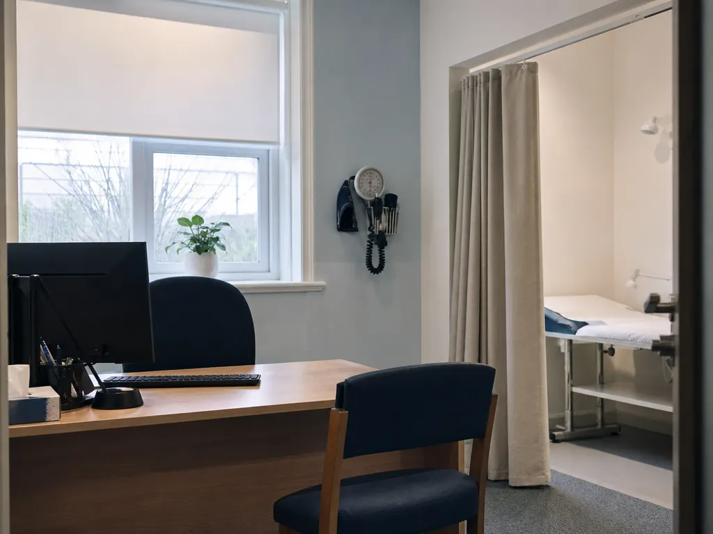 A private GP consulting room with a desk, two chairs and an examination couch behind a half-drawn curtain