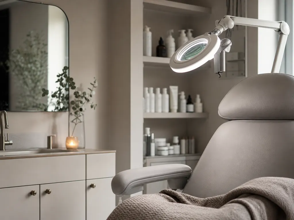 A skin clinic consultation corner with a magnifying lamp over a chair and a shelf of unlabelled skincare