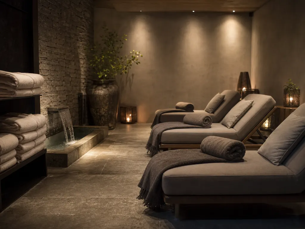 A spa relaxation room with low loungers, rolled towels, a stone water feature and warm dim lighting