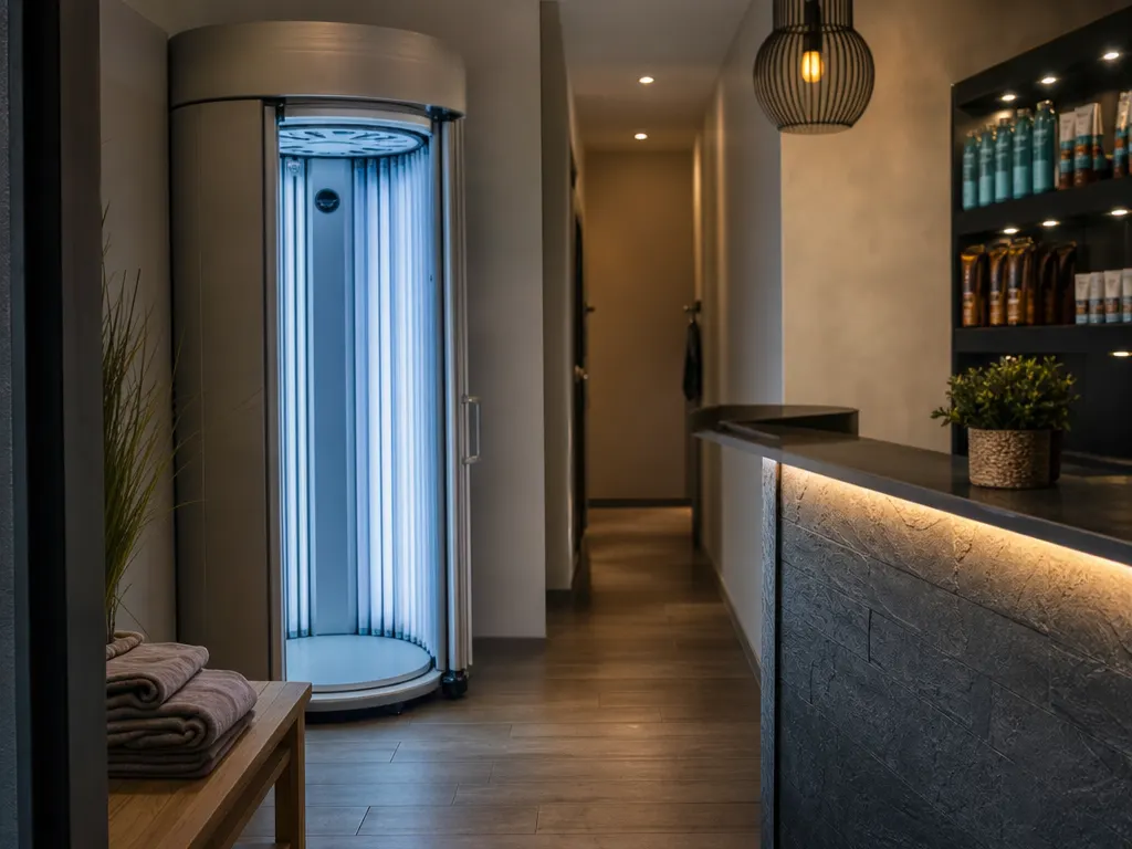 A tanning salon interior with a stand-up booth open, a bench of folded towels and a reception counter