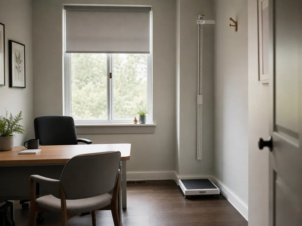 A weight management consulting room with a desk, two chairs, a floor scale and a wall height measure