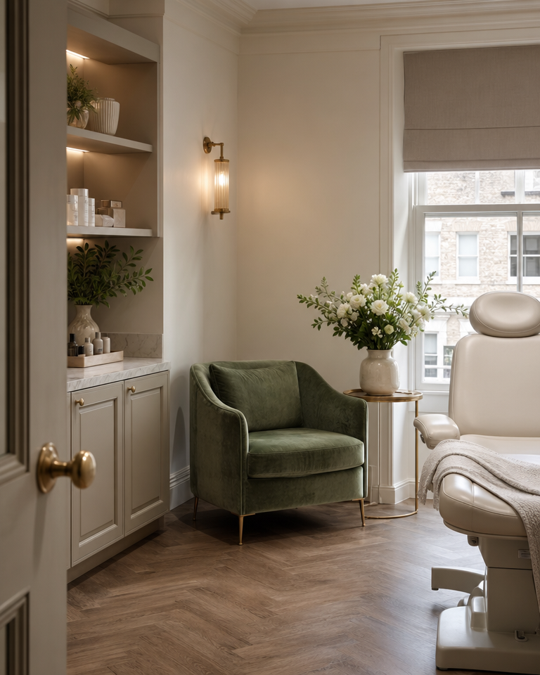 UK aesthetic clinic reception with soft lighting