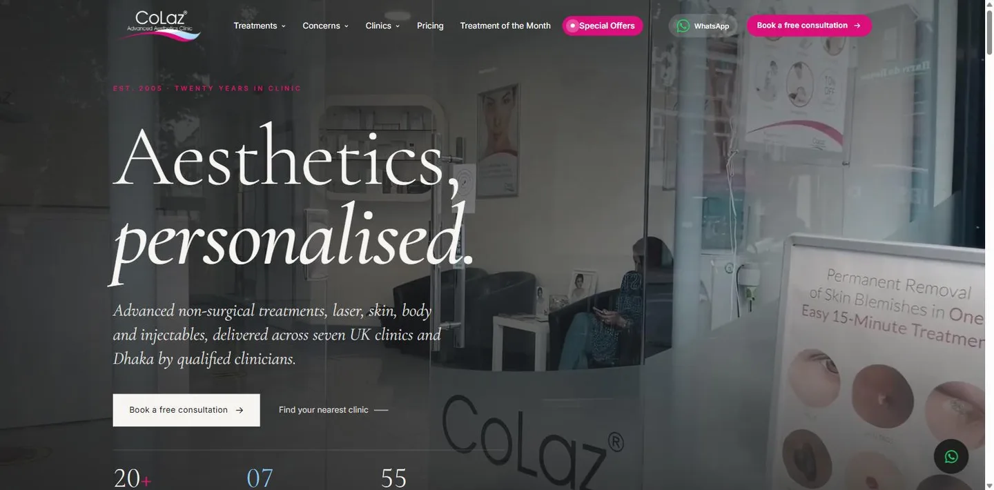 The CoLaz home page, an aesthetics clinic group website built on Astro