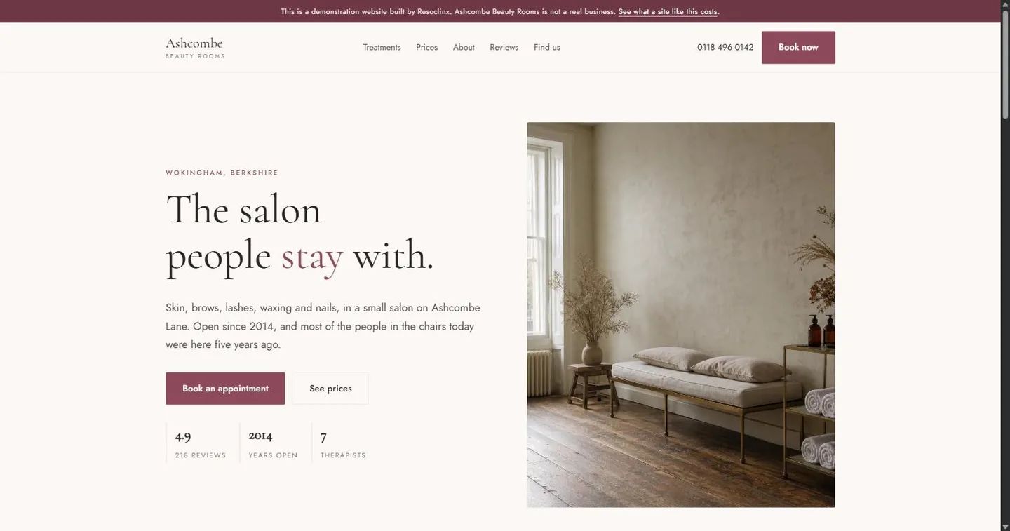 The home page of a beauty salon website built on this package, showing the salon interior, treatments and a booking button