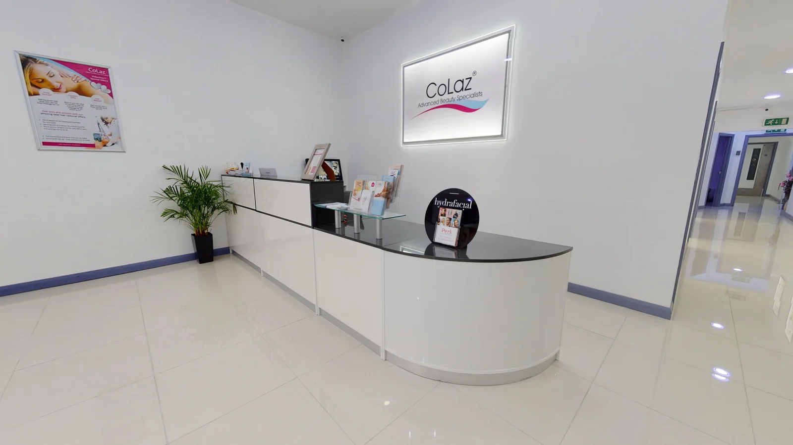 A finished CoLaz clinic reception, branded and open for business.