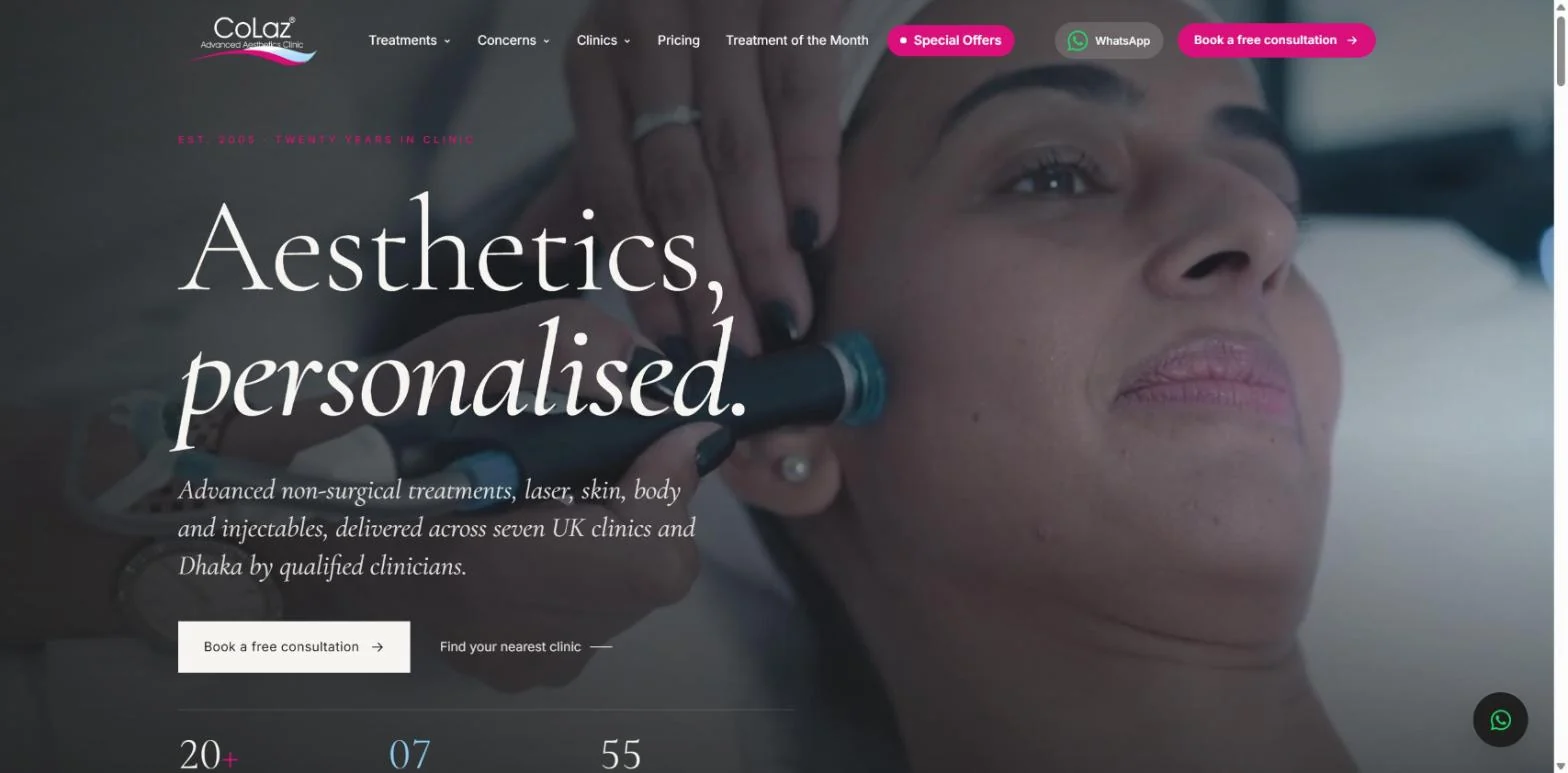 The homepage of a modern aesthetic-clinic website rebuilt by Resoclinx.