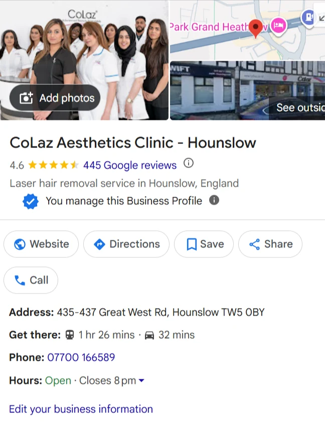 CoLaz Hounslow's Google profile after: 4.6 stars from 445 reviews.