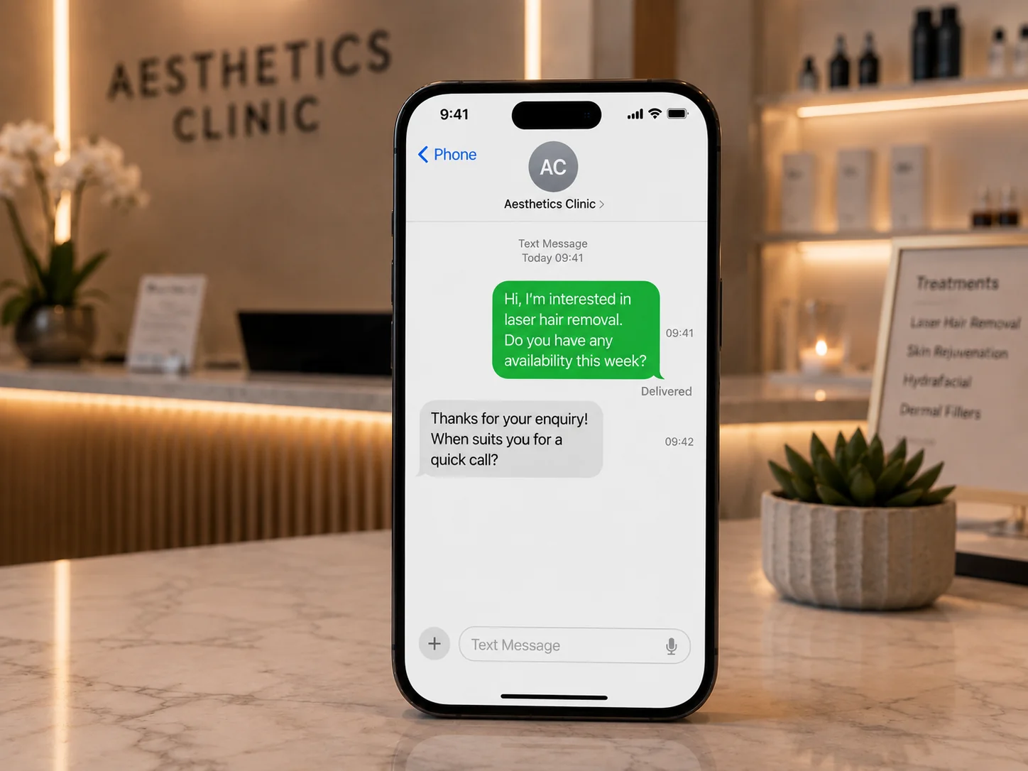 A phone on a clinic reception counter showing an enquiry text and an instant reply: 'Thanks for your enquiry! When suits you for a quick call?'