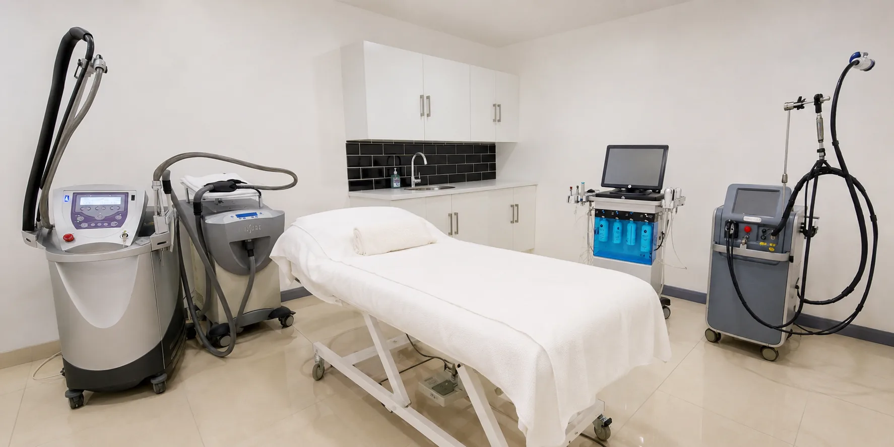A clinic treatment room fitted out with several aesthetic machines.