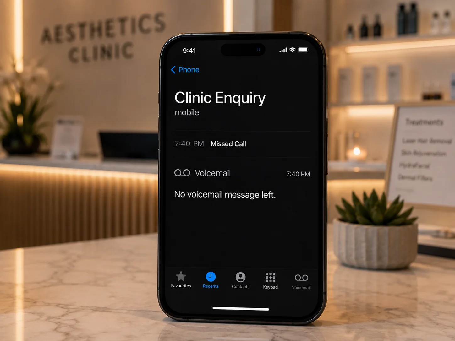 A phone on a clinic reception counter showing a missed call at 7.40pm and a voicemail with no message left.