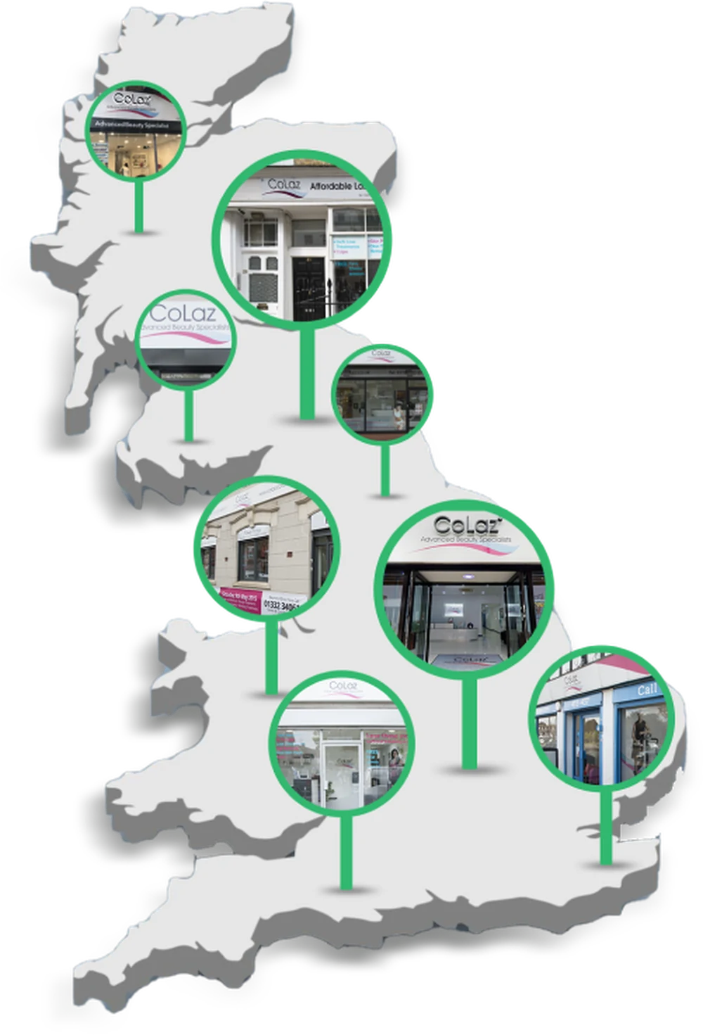 A map of Great Britain with the nine CoLaz clinic locations pinned.