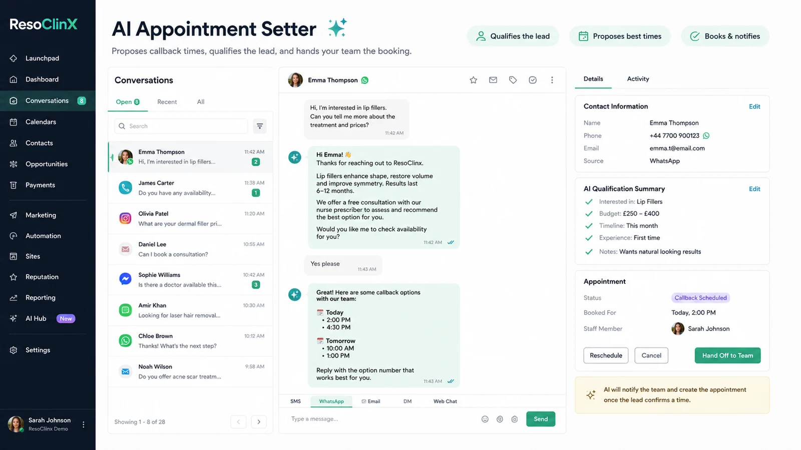 The Resoclinx inbox: call, text, form and social enquiries in one conversation list, with AI qualification and a booked callback.