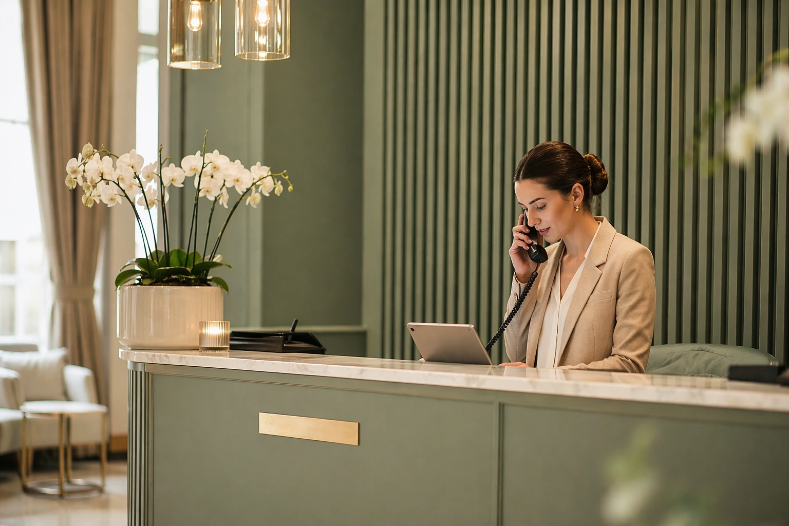 Clinic receptionist greeting a patient